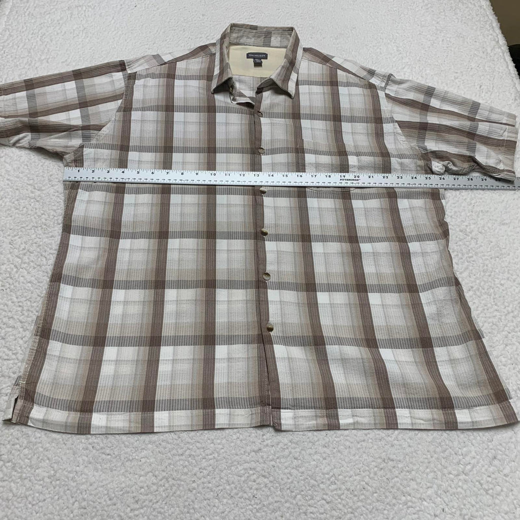 Van Heusen Camisa con botones de manga corta a cuadros beige talla XXL para hombre