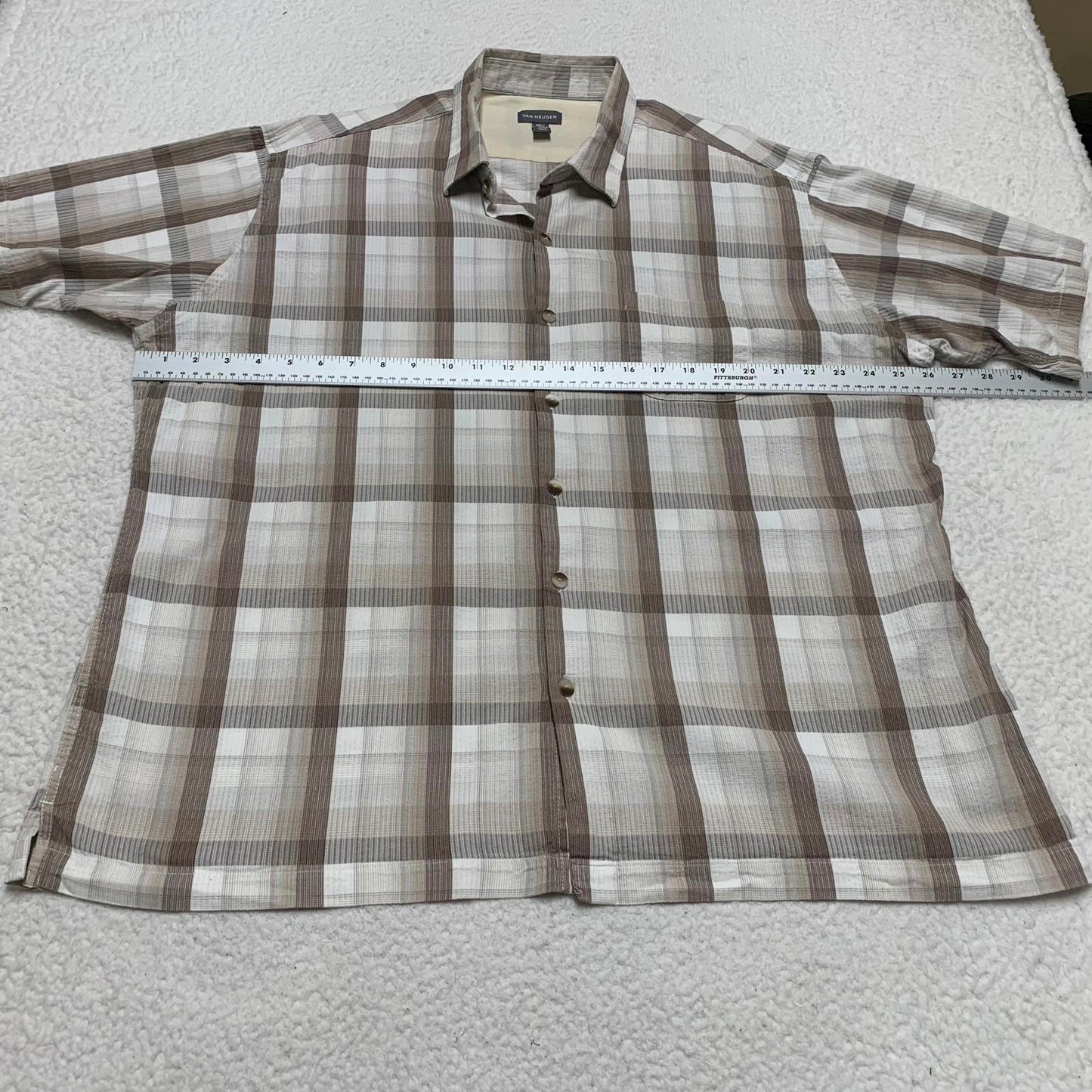 Van Heusen Mens Size XXL Beige Plaid Short Sleeve Button Shirt