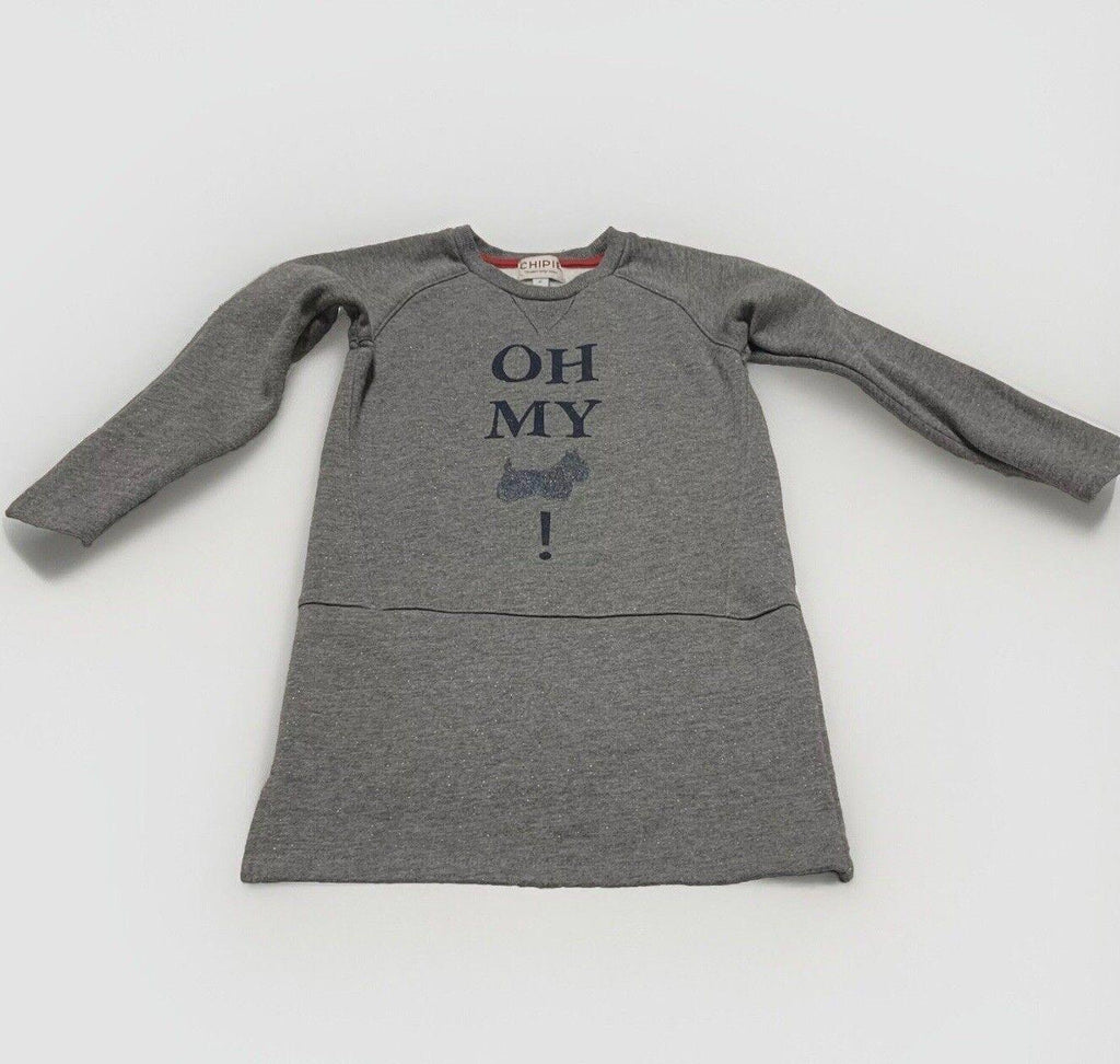Vestido sudadera de forro polar gris jaspeado Chipie para niñas, talla 6, con purpurina de perro escocés