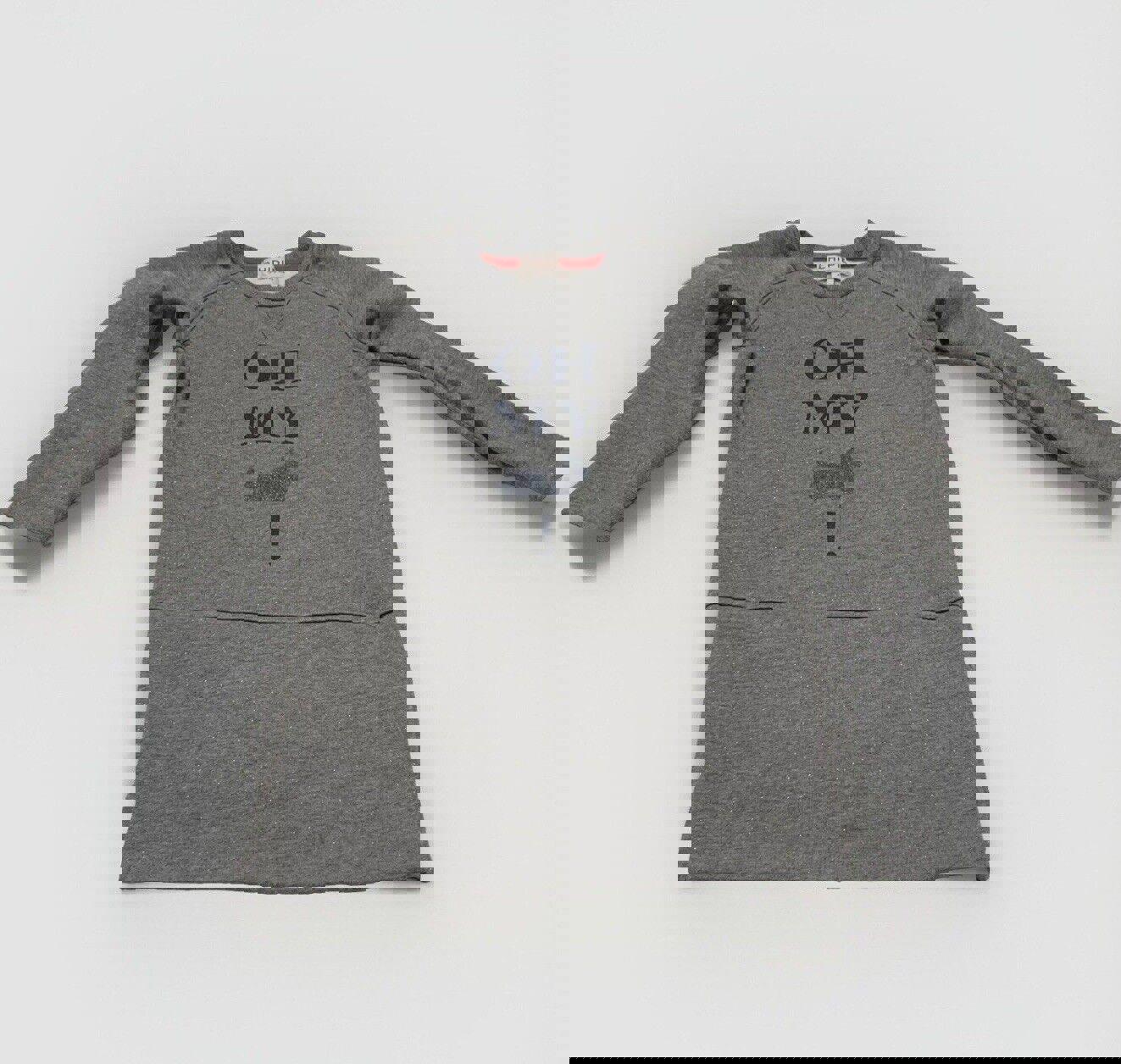 Vestido sudadera de forro polar gris jaspeado Chipie para niñas, talla 6, con purpurina de perro escocés