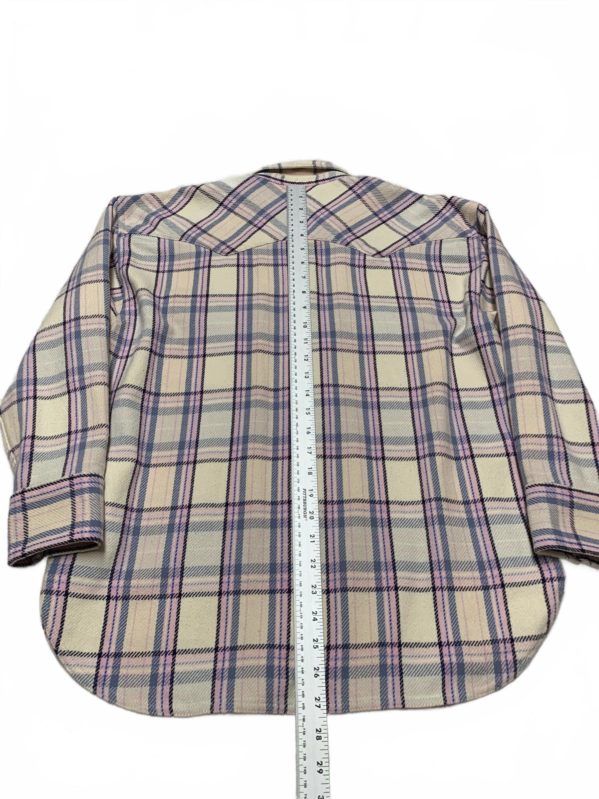 Camisa de franela para mujer J. Crew, talla 4, color lavanda, cuadros pastel, algodón con broches de perlas