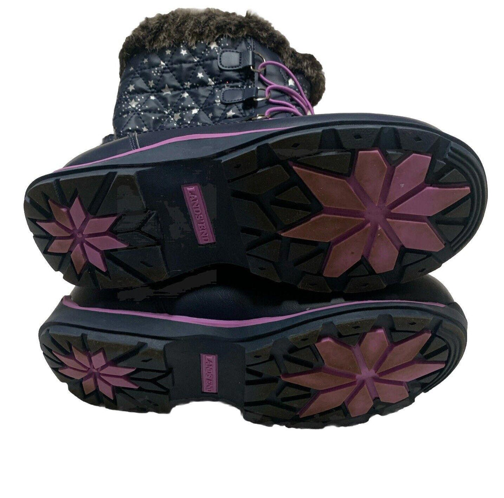 Botas de invierno para lluvia y nieve Lands End para niñas, talla 4M, color azul marino y morado con ribete de encaje y estrellas