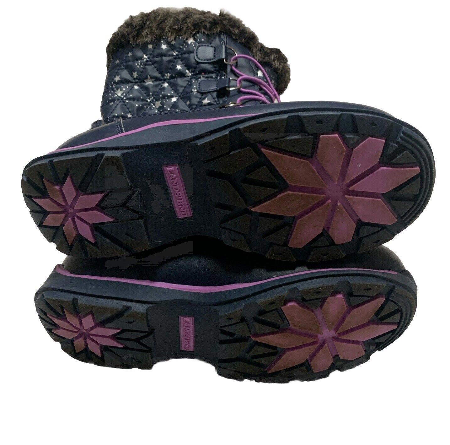 Botas de invierno para lluvia y nieve Lands End para niñas, talla 4M, color azul marino y morado con ribete de encaje y estrellas