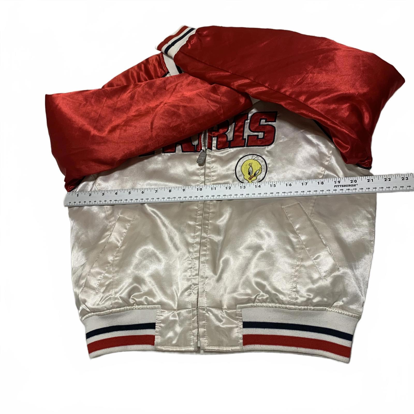Chaqueta bomber Tweety Paris para mujer, talla L, color rojo y blanco, de satén Y2K, de Looney Tunes, lote 29