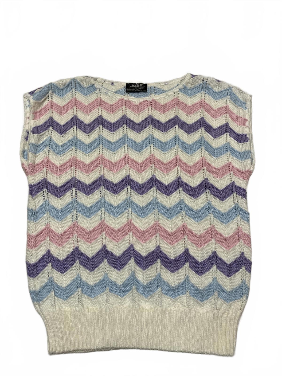 Chaleco de suéter vintage Jolie New York de los años 80 para mujer, con estampado de chevron en tonos pastel