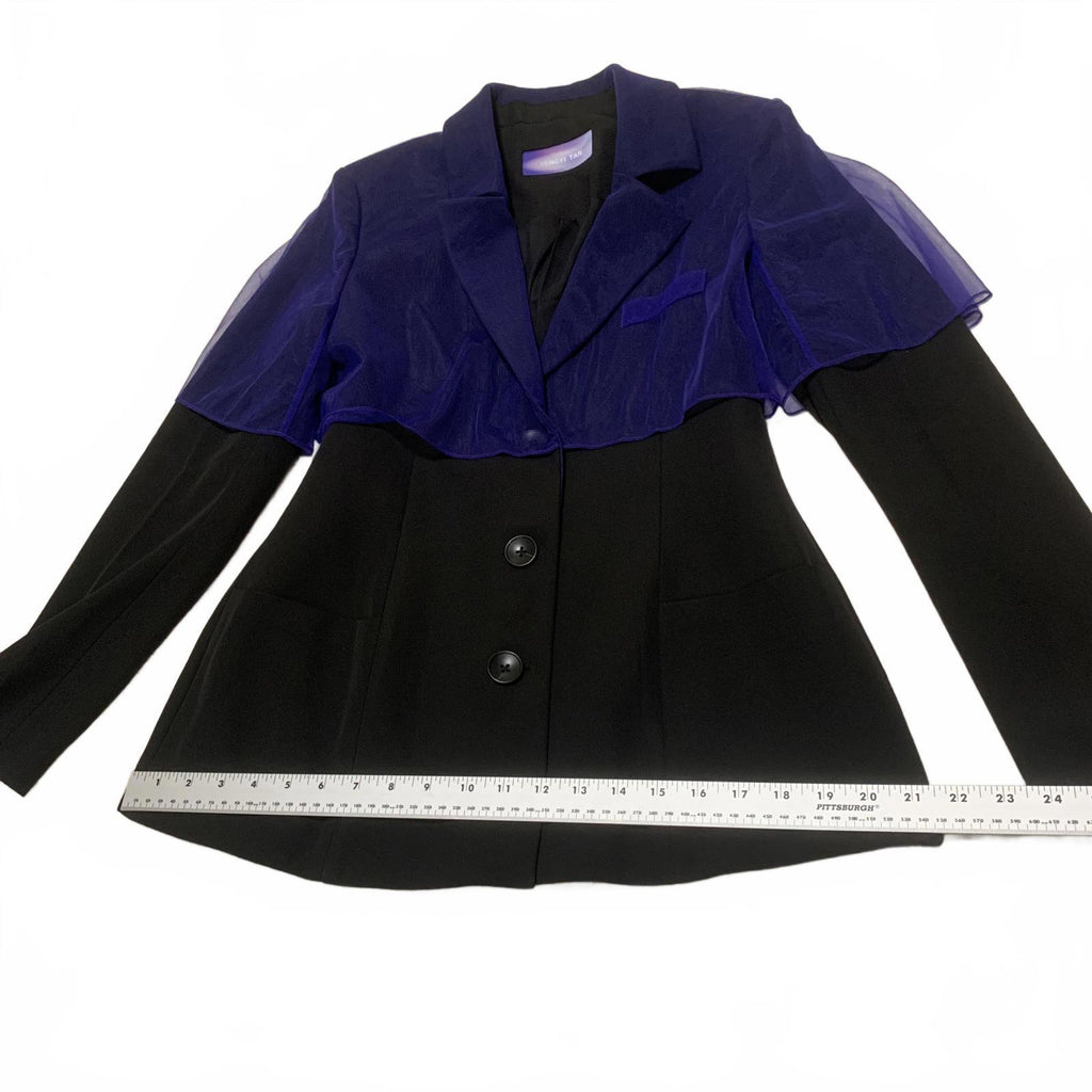 Blazer negro Fengyi Tan para mujer, talla mediana, con superposición azul transparente
