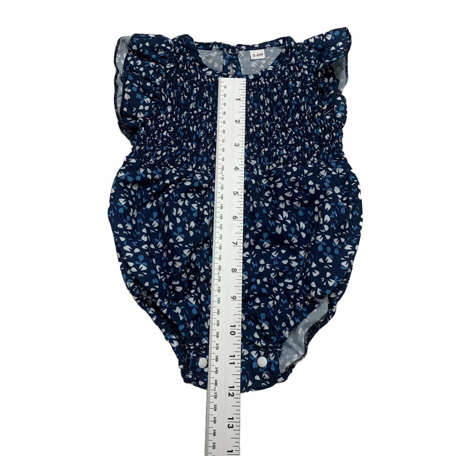 Adorable mono azul con volantes y flores para niña de 3 a 6 meses con diadema