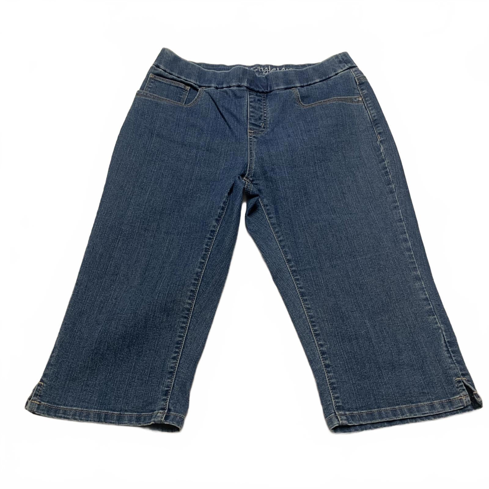 Vaqueros capri de mezclilla azul mediano Lee para mujer, talla 8, con bordado floral, 30 x 16