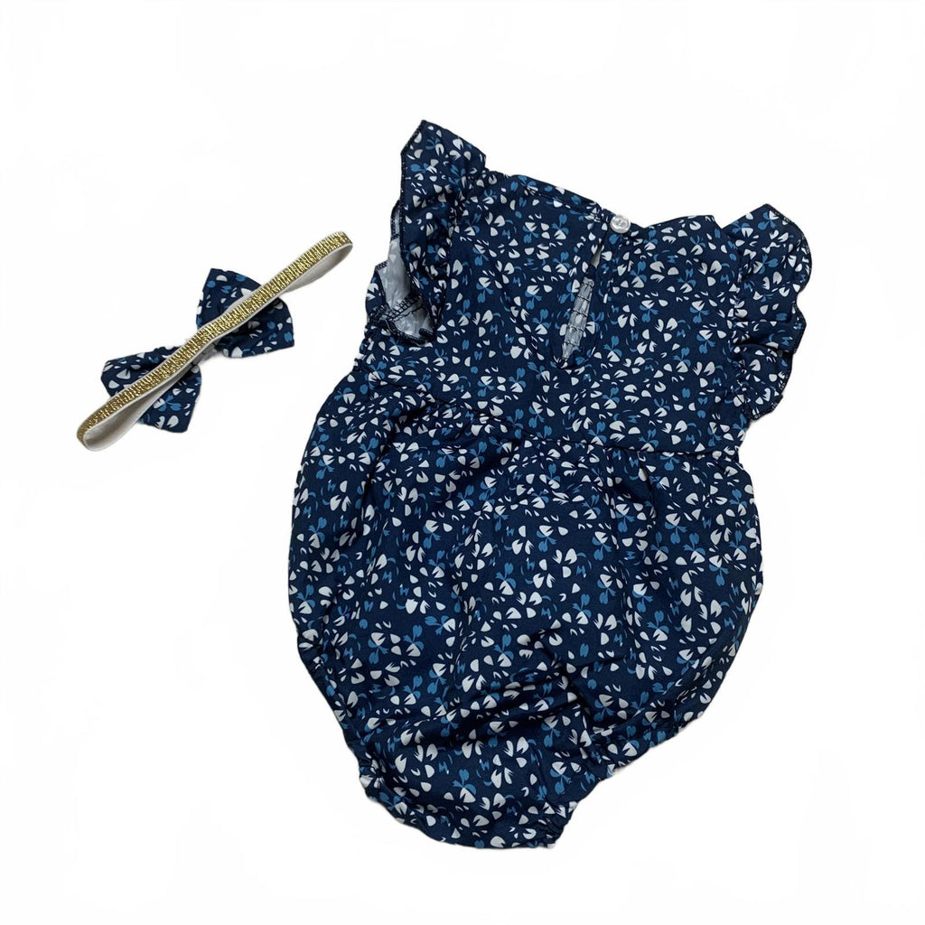 Adorable mono azul con volantes y flores para niña de 3 a 6 meses con diadema