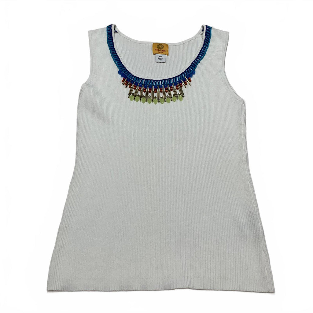 Ruby Rd. Camiseta sin mangas de punto acanalado blanco para mujer, talla XL, escote decorativo