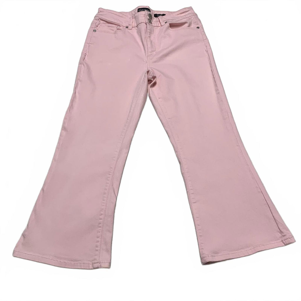 Vaqueros acampanados suaves de mezclilla rosa de Susan Graver para mujer, talla 10, 29,5 x 23 L (talla real)