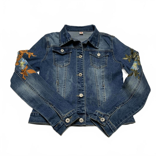 Stylish Denim Jacket with Floral Embroidery Women's Size Medium Dark Denim