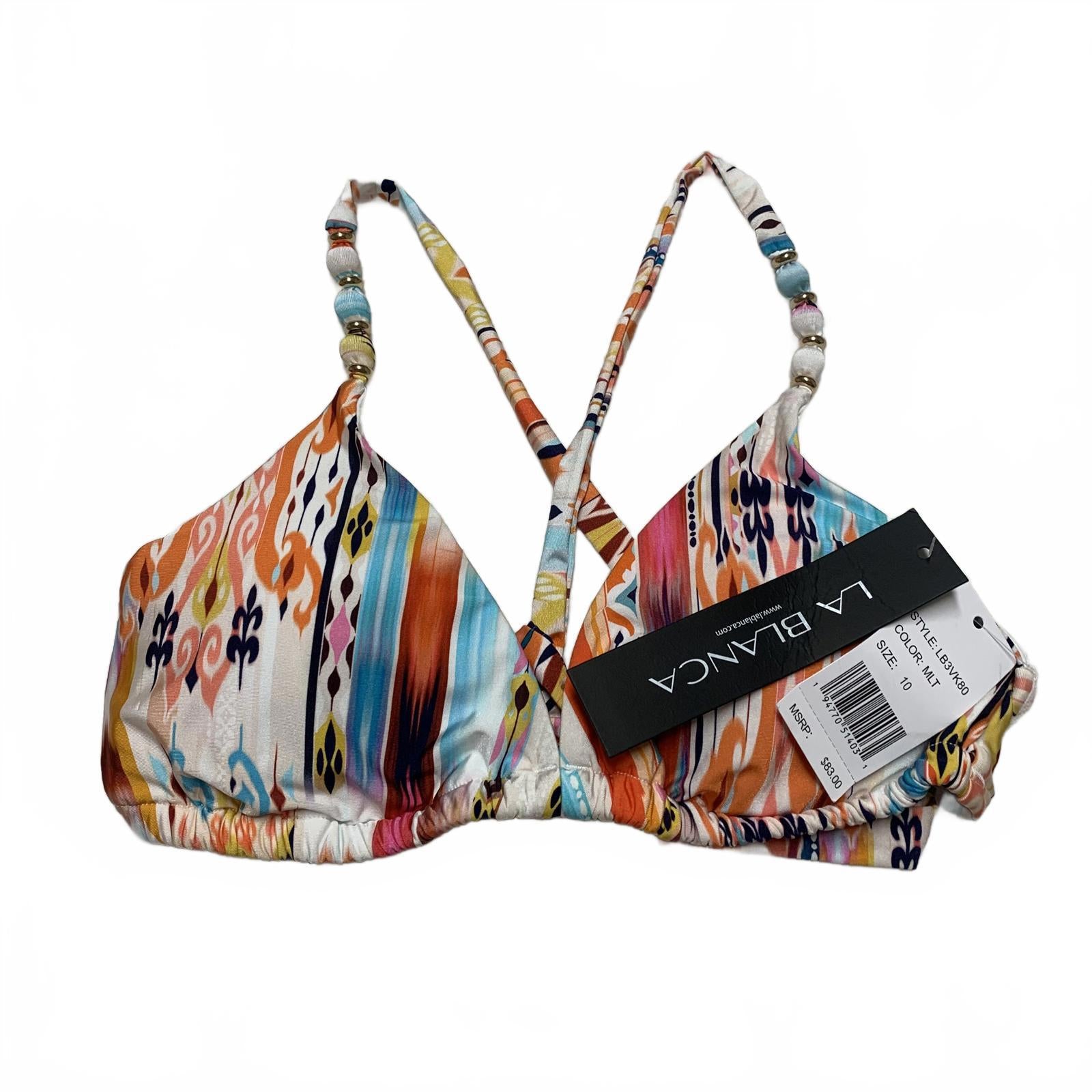 Top de bikini triangular con tirantes de cuentas y estampado colorido LA Blanca para mujer, talla 10