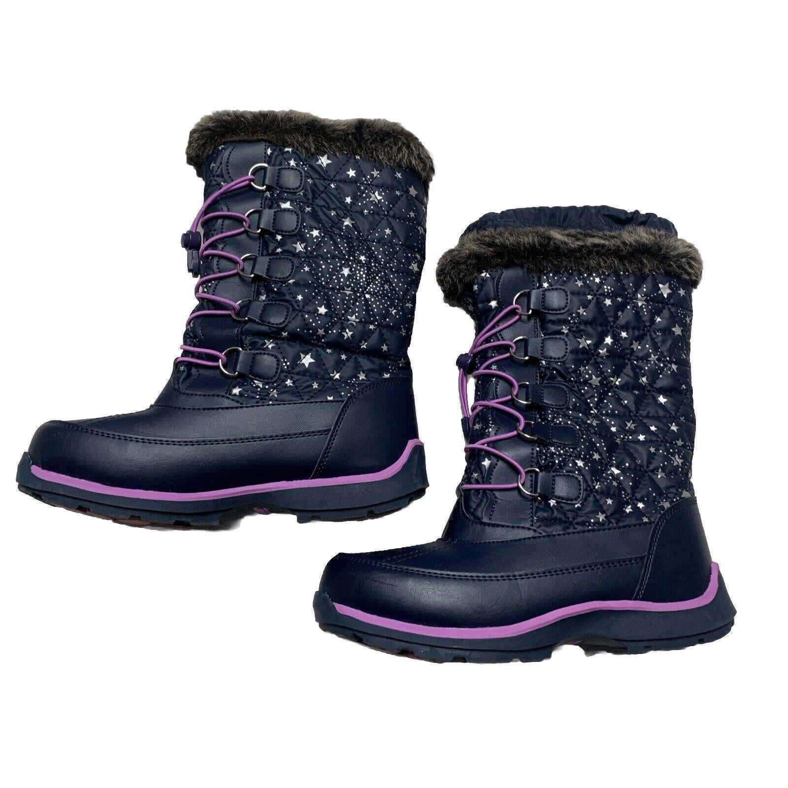 Botas de invierno para lluvia y nieve Lands End para niñas, talla 4M, color azul marino y morado con ribete de encaje y estrellas