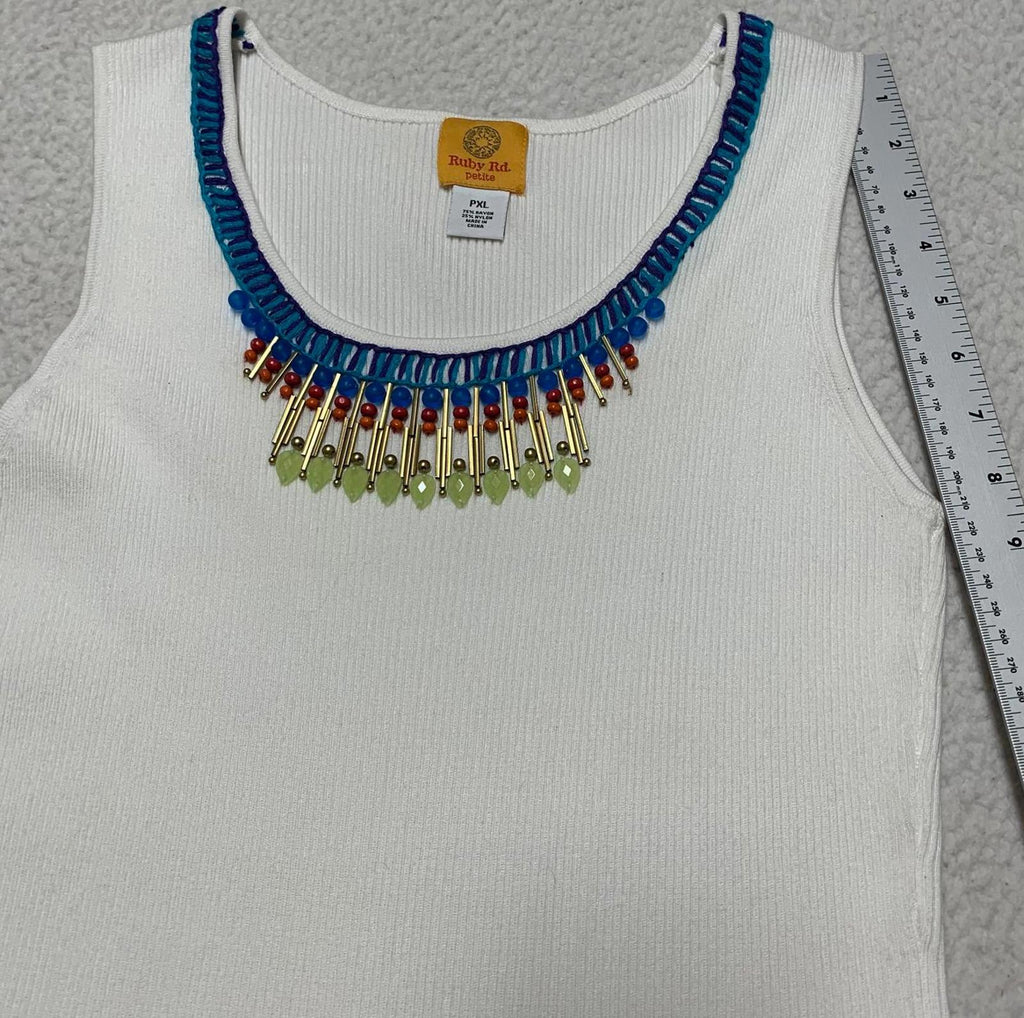 Ruby Rd. Camiseta sin mangas de punto acanalado blanco para mujer, talla XL, escote decorativo