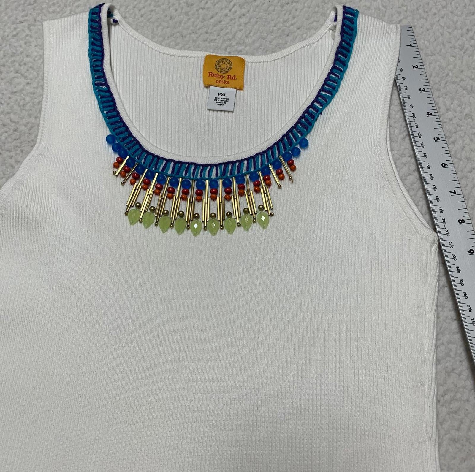 Ruby Rd. Camiseta sin mangas de punto acanalado blanco para mujer, talla XL, escote decorativo