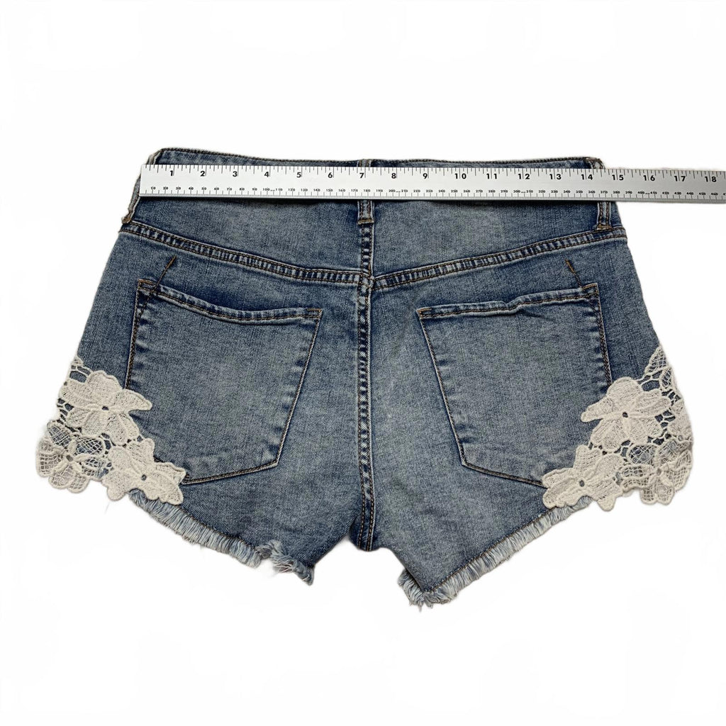 Shorts vaqueros de tiro alto con ribete de encaje Mossino para mujer, talla 8/W29