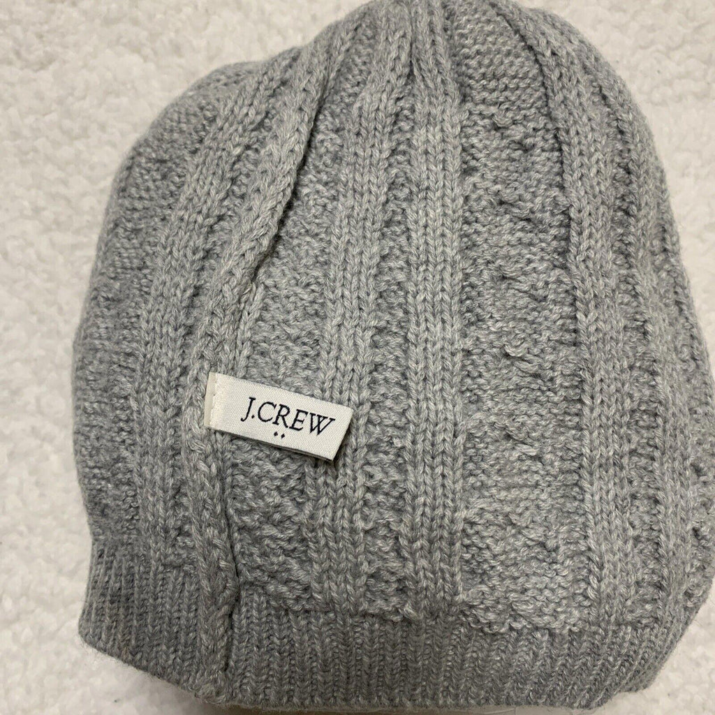 Gorro de invierno de punto trenzado J Crew, gorro gris, pompón blanco hueso