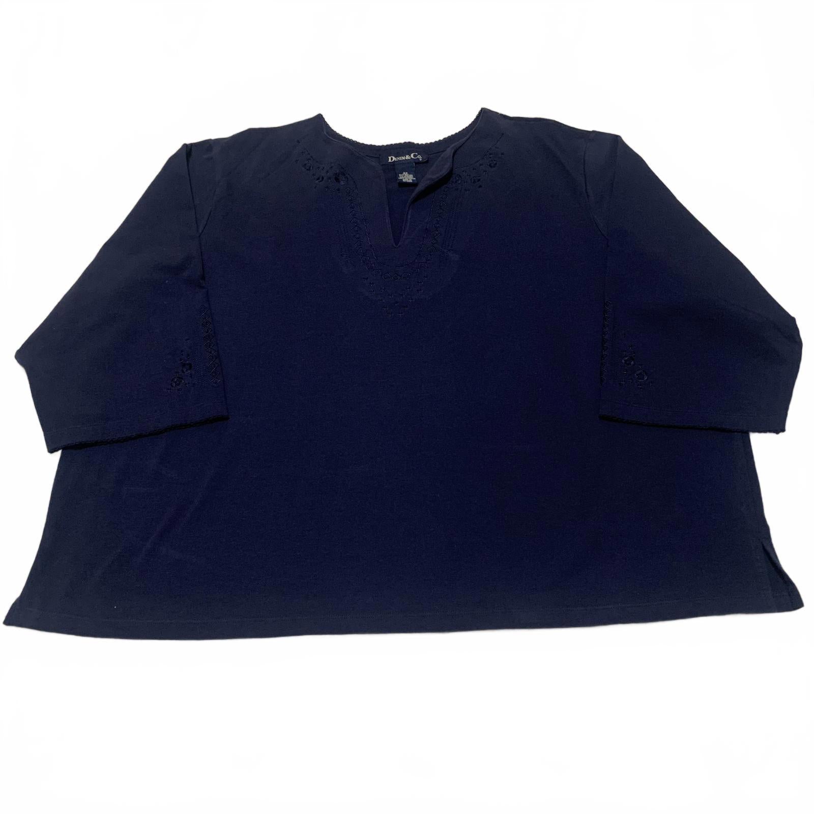 Blusa azul marino para mujer de Denim &amp; Company, talla 3X, con detalles bordados