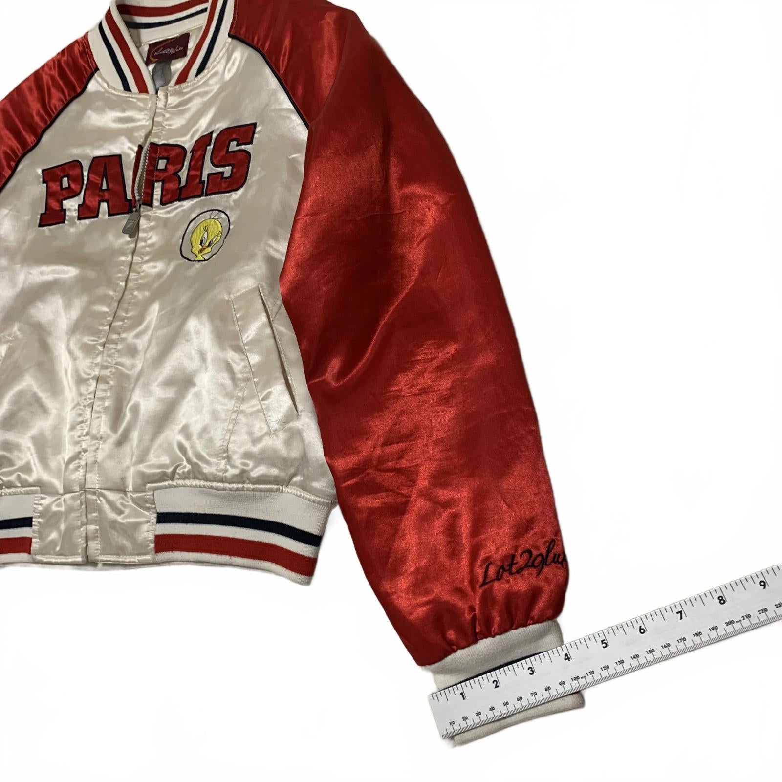 Chaqueta bomber Tweety Paris para mujer, talla L, color rojo y blanco, de satén Y2K, de Looney Tunes, lote 29