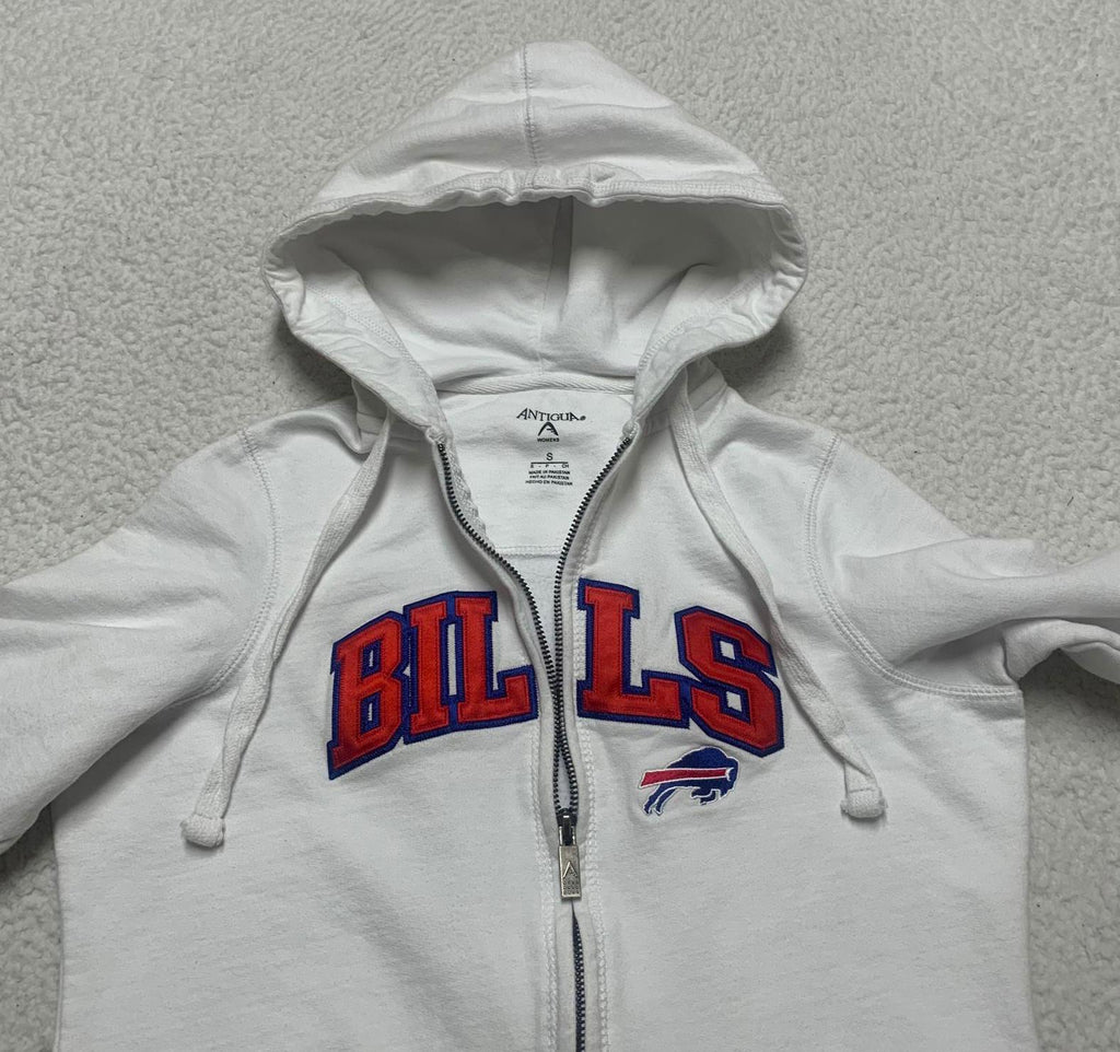 Sudadera con capucha y cremallera de los Buffalo Bills para mujer, color blanco, talla pequeña, de Antigua