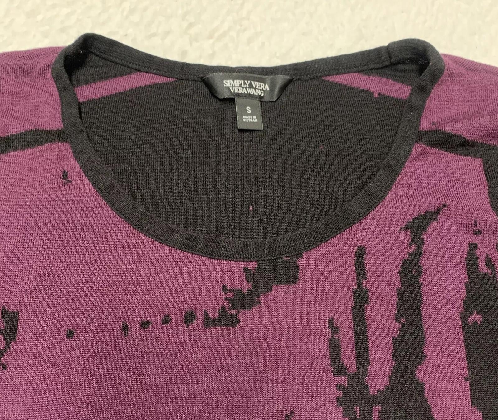 Vestido morado y negro abstracto Simply Vera Vera Wang, talla S, para mujer, con mangas 3/4 hasta la rodilla