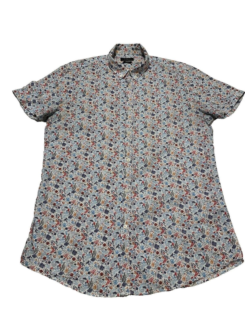 Camisa informal de manga corta y corte entallado con botones de Zara, talla M, estampado de conchas marinas