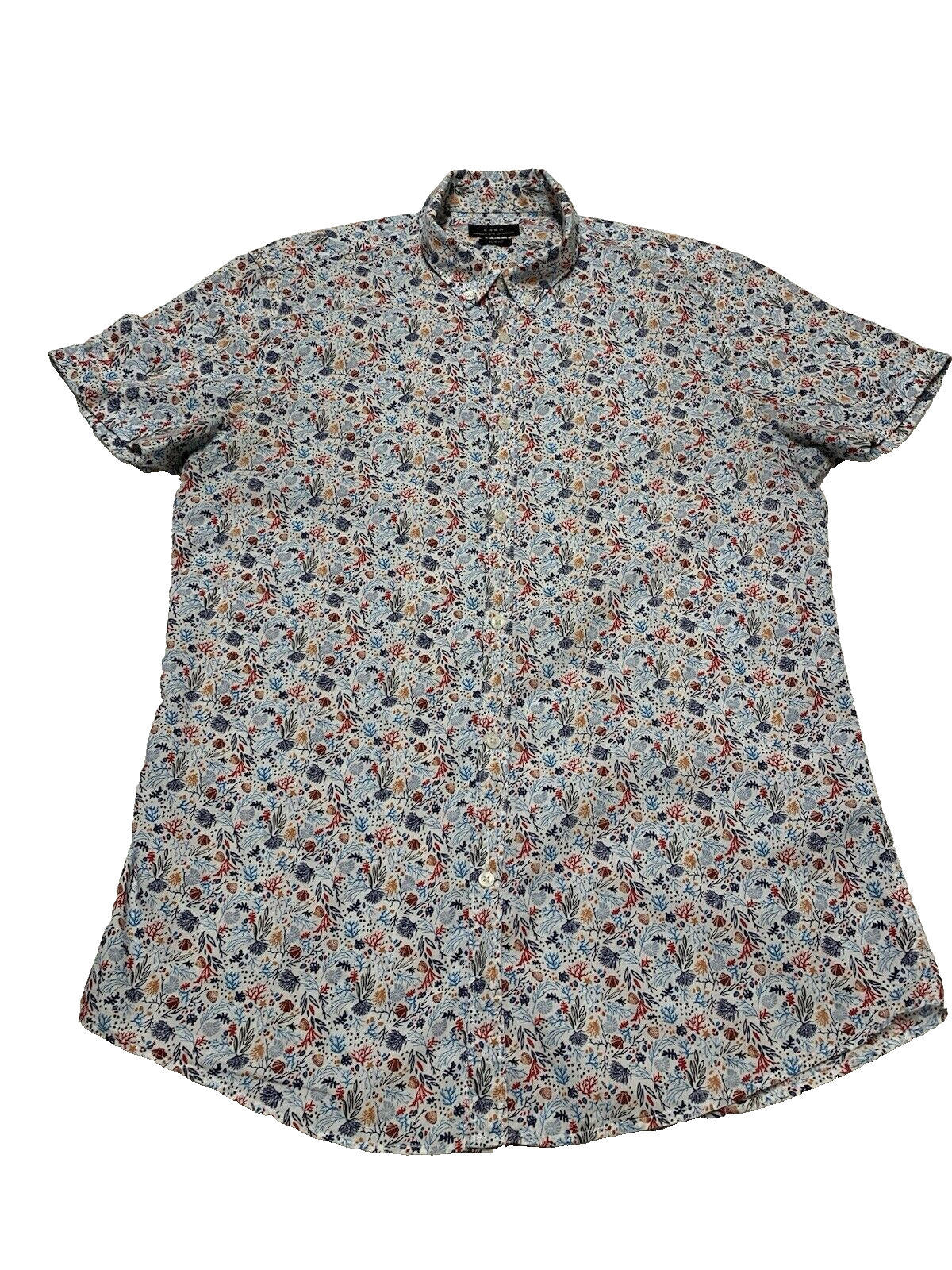 Camisa informal de manga corta y corte entallado con botones de Zara, talla M, estampado de conchas marinas