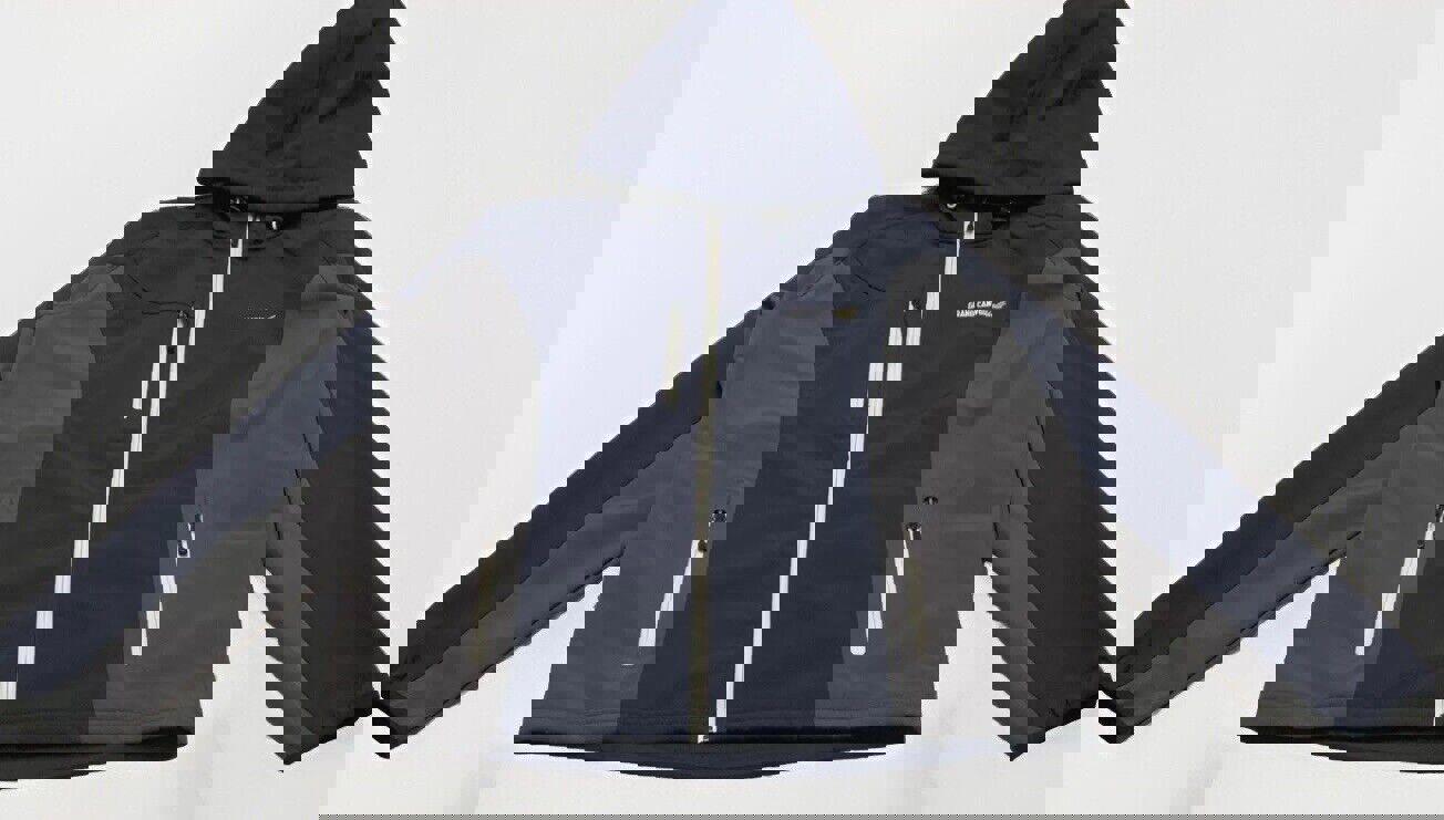 Chaqueta de golf Landway para hombre, con capucha, forro polar, cierre completo y caparazón blando, color azul marino/gris, talla mediana