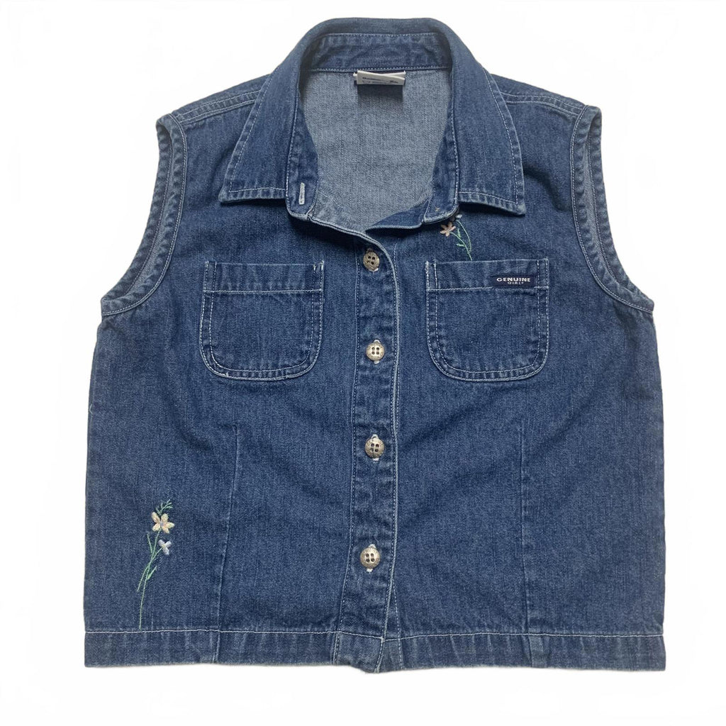 Chaleco vaquero azul con bordado floral para niña talla XL (18)