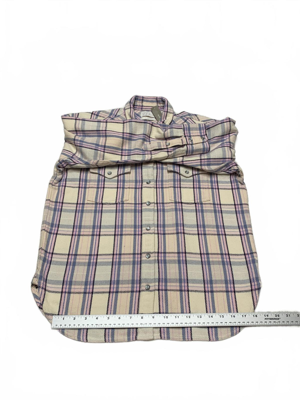 Camisa de franela para mujer J. Crew, talla 4, color lavanda, cuadros pastel, algodón con broches de perlas