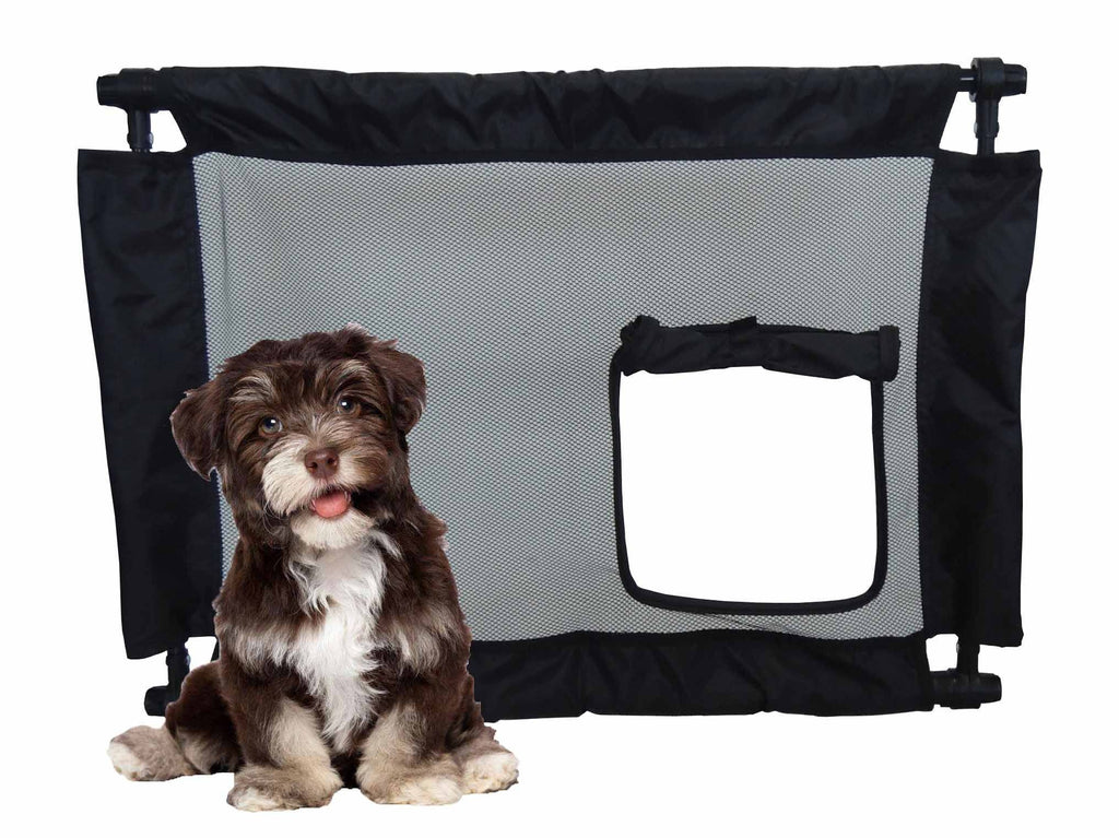 Puerta de seguridad plegable para mascotas, gatos y perros con malla de nailon antiperforación "Porta Gate" de Pet Life®, con entrada con cremallera